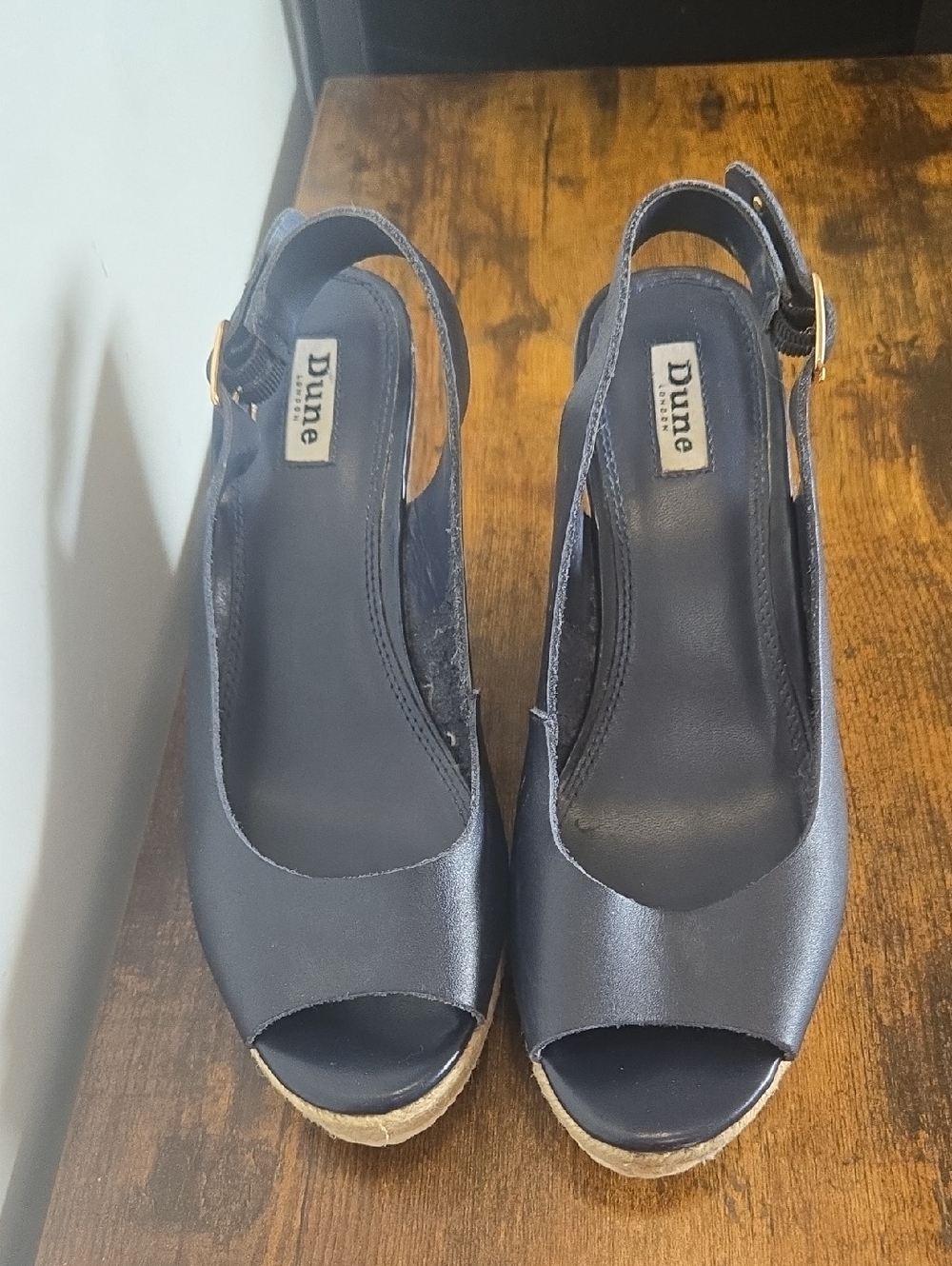 Dune London Navy Peep-Toe Espadrille Wedge Slingbacks